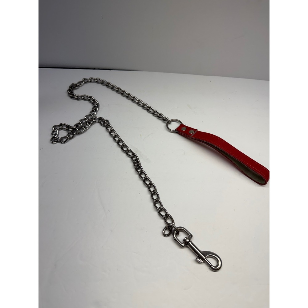 Heavy Duty Metal Chain Dog Leash Red Padded Leather Handle Swivel Bolt 41" chain - Picture 1 of 5